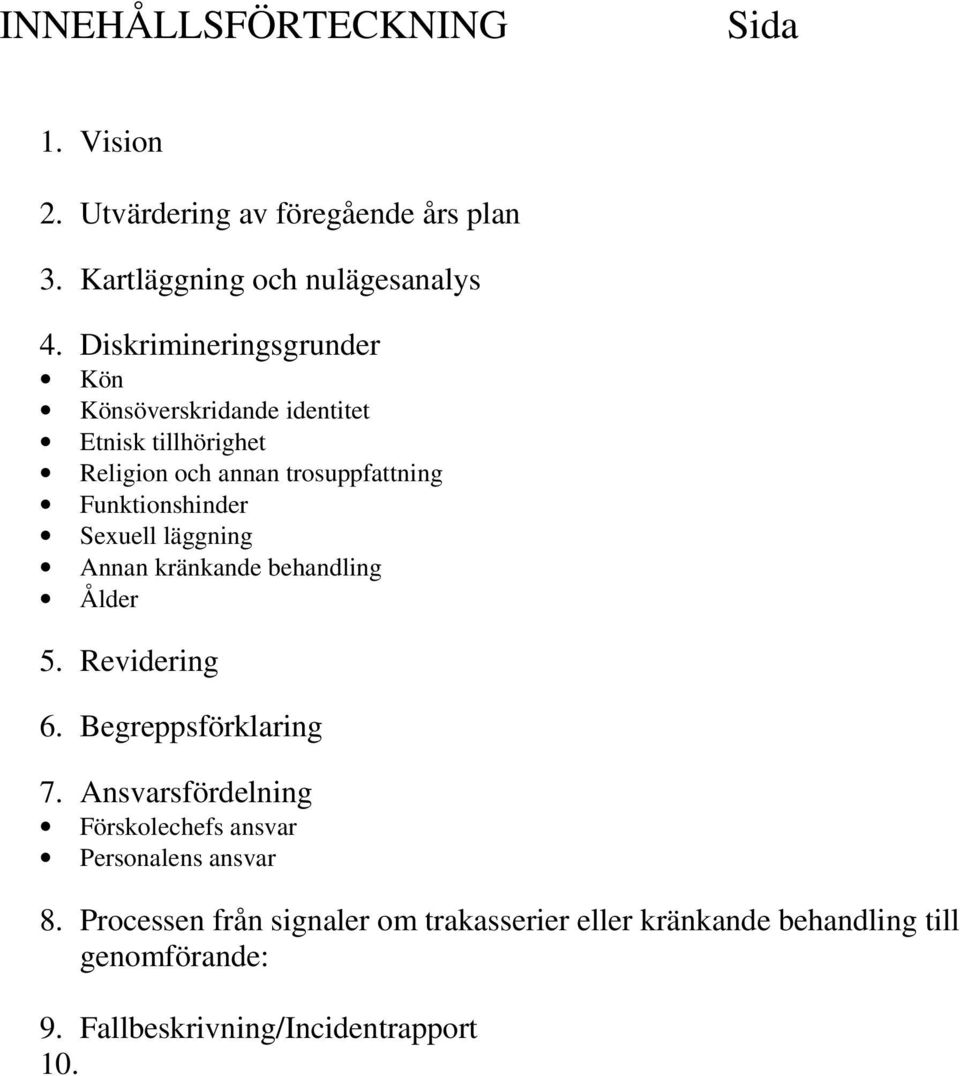 Sexuell läggning Annan kränkande behandling Ålder 5. Revidering 6. Begreppsförklaring 7.