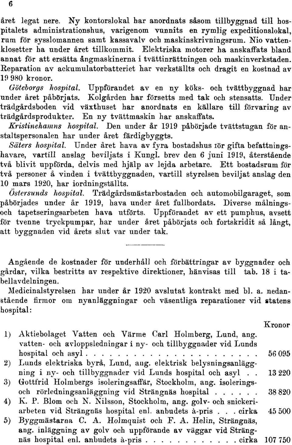 Nio vattenklosetter ha under året tillkommit. Elektriska motorer ha anskaffats bland annat för att ersätta ångmaskinerna i tvättinrättningen och maskinverkstaden.