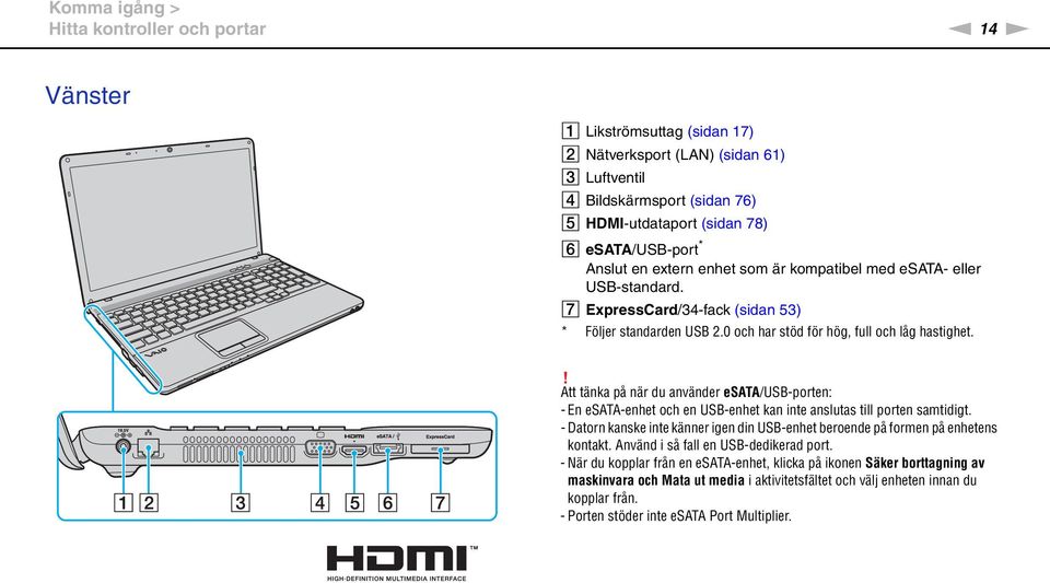 ! Att tänka på när du använder esata/usb-porten: - En esata-enhet och en USB-enhet kan inte anslutas till porten samtidigt.