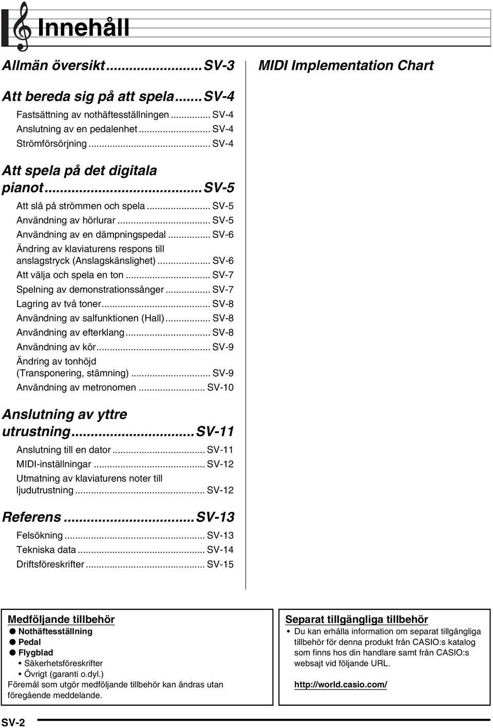 .. SV-6 Ändring av klaviaturens respons till anslagstryck (Anslagskänslighet)... SV-6 Att välja och spela en ton... SV-7 Spelning av demonstrationssånger... SV-7 Lagring av två toner.