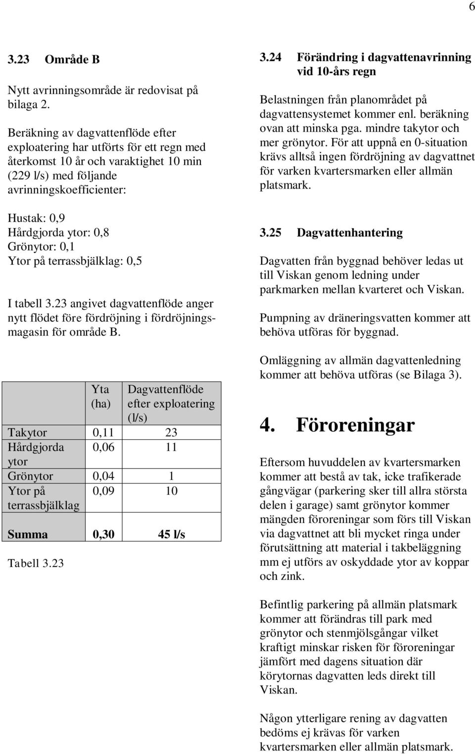 0,1 Ytor på terrassbjälklag: 0,5 I tabell 3.23 angivet dagvattenflöde anger nytt flödet före fördröjning i fördröjningsmagasin för område B.