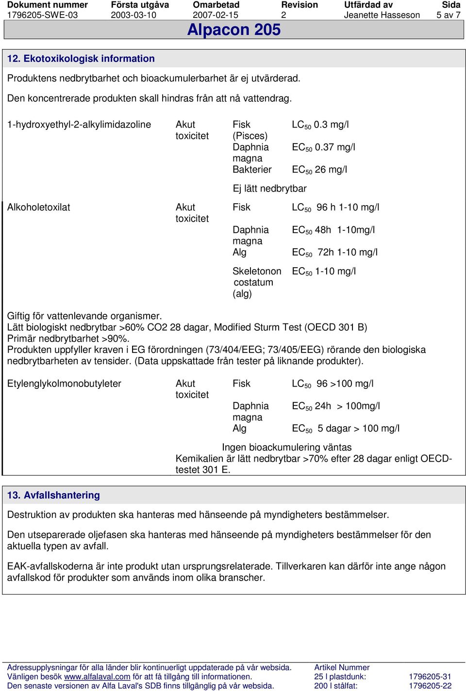 37 mg/l EC 50 26 mg/l Ej lätt nedbrytbar Alkoholetoxilat Akut Fisk Daphnia magna Alg LC 50 96 h 1-10 mg/l EC 50 48h 1-10mg/l EC 50 72h 1-10 mg/l Skeletonon ema c costatum (alg) EC 50 1-10 mg/l Giftig
