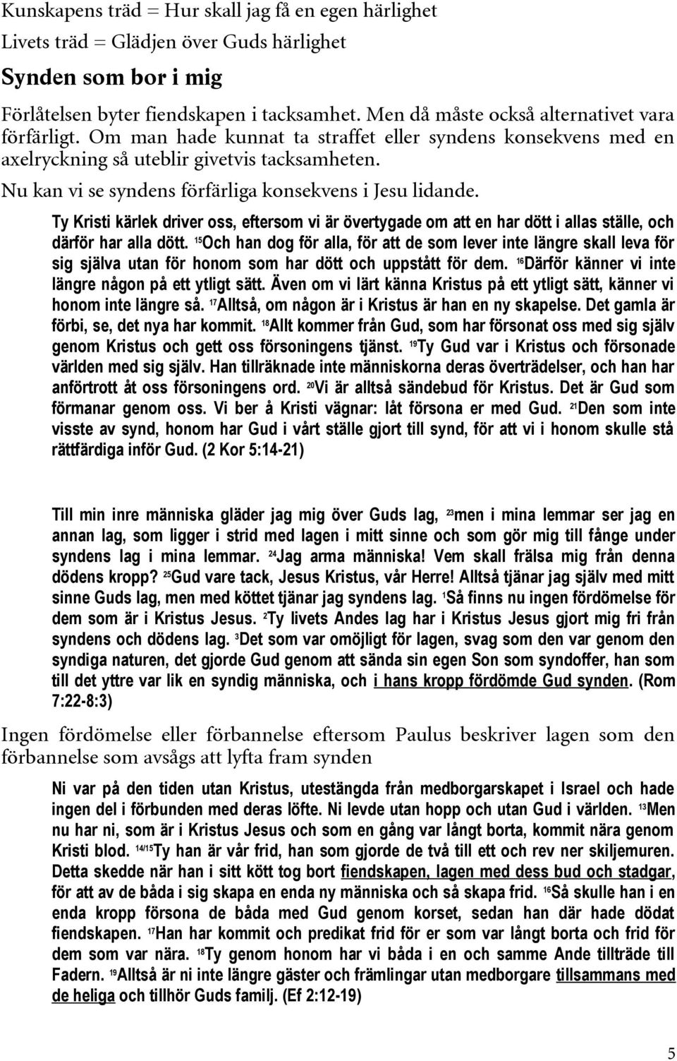 Nu kan vi se syndens förfärliga konsekvens i Jesu lidande. Ty Kristi kärlek driver oss, eftersom vi är övertygade om att en har dött i allas ställe, och därför har alla dött.