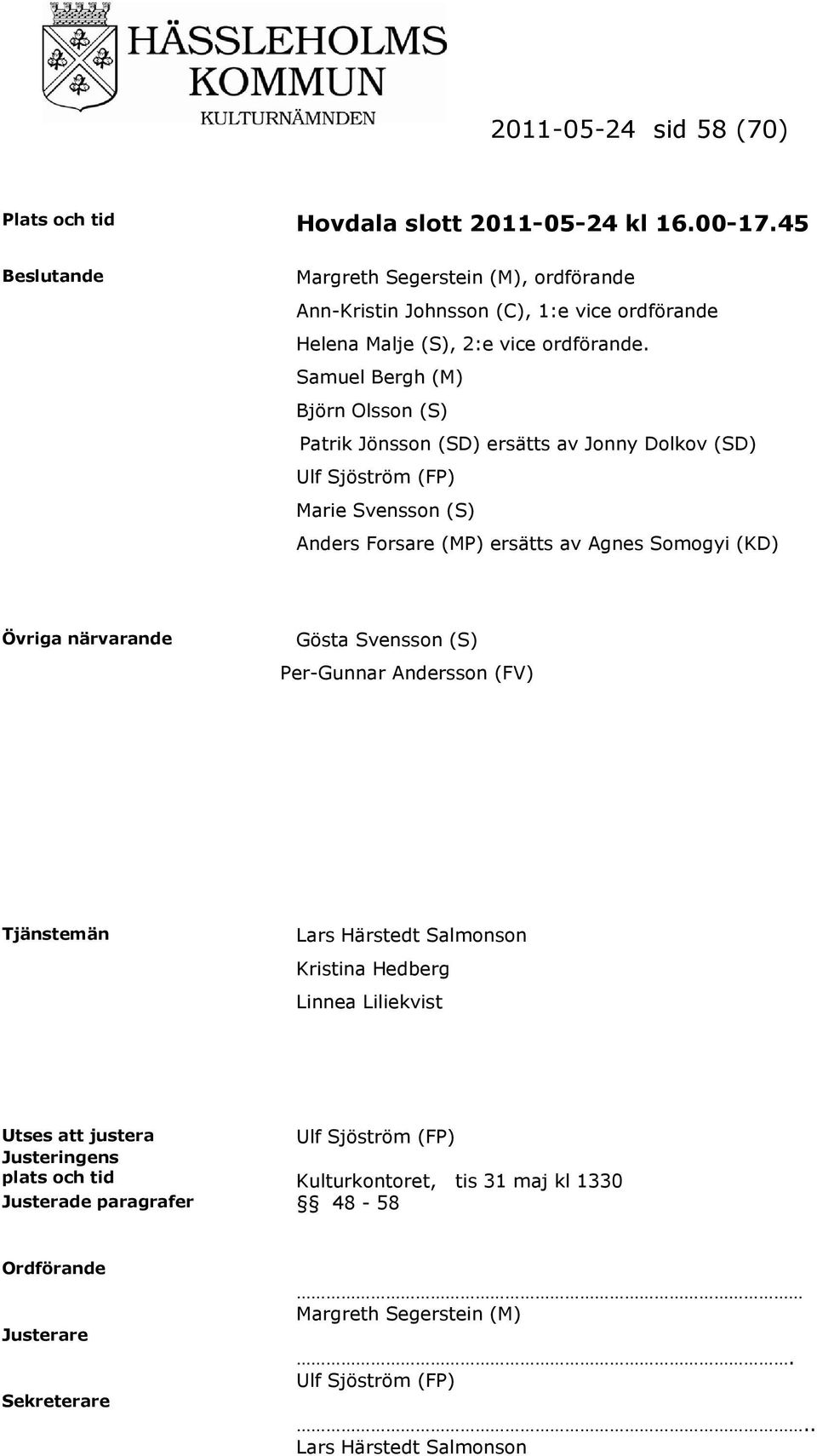 Samuel Bergh (M) Björn Olsson (S) Patrik Jönsson (SD) ersätts av Jonny Dolkov (SD) Ulf Sjöström (FP) Marie Svensson (S) Anders Forsare (MP) ersätts av Agnes Somogyi (KD) Övriga