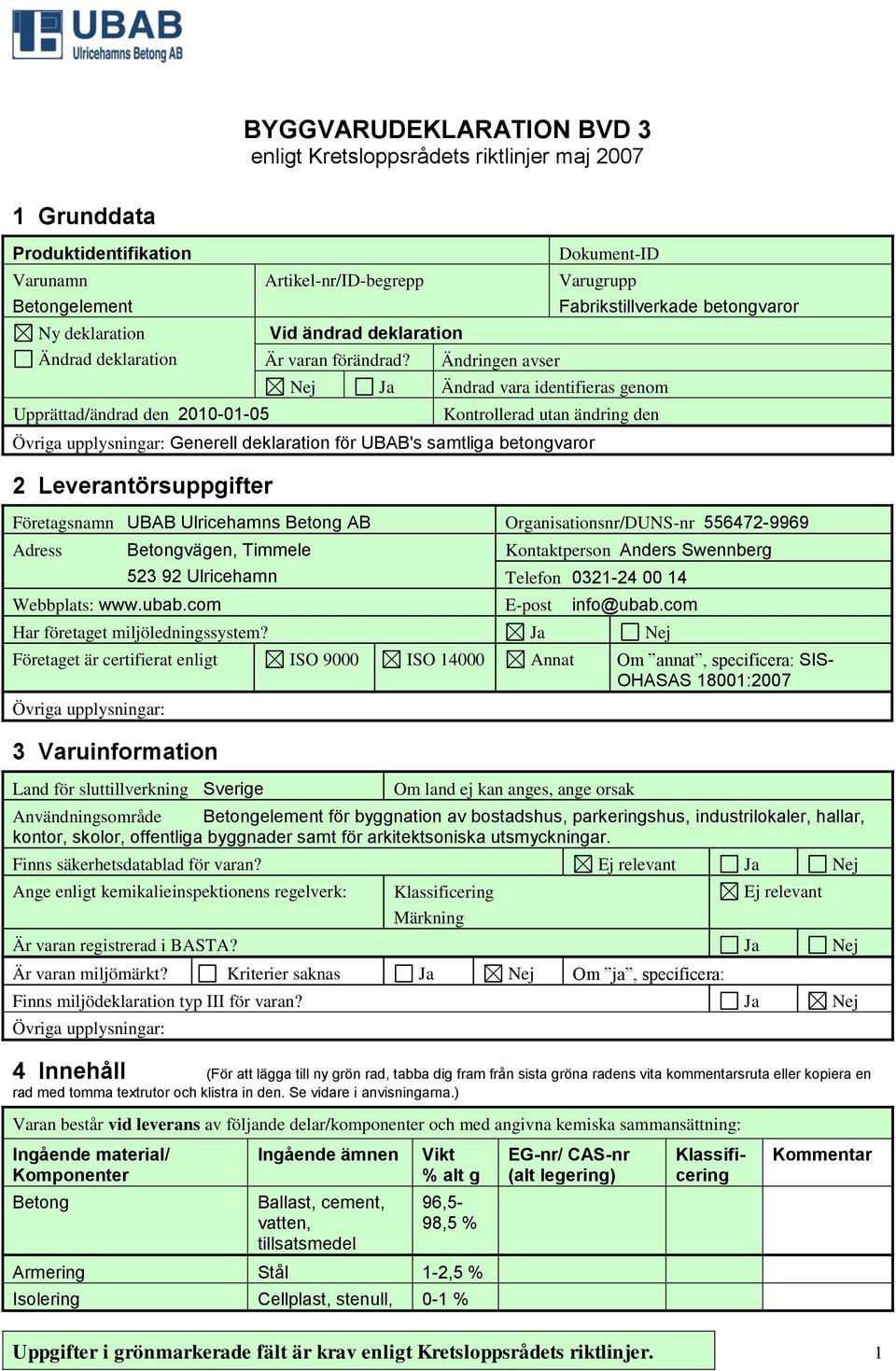 Ändringen avser Dokument-ID Varugrupp Nej Ja Ändrad vara identifieras genom Kontrollerad utan ändring den Generell deklaration för UBAB's samtliga betongvaror 2 Leverantörsuppgifter