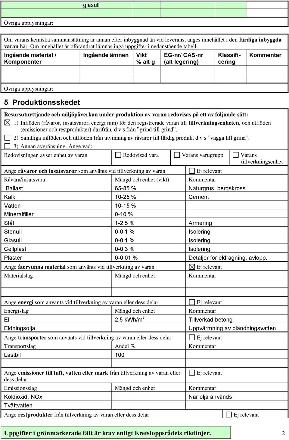 Ingående material / Komponenter Ingående ämnen Vikt % alt g EG-nr/ CAS-nr (alt legering) Klassificering 5 Produktionsskedet Resursutnyttjande och miljöpåverkan under produktion av varan redovisas på