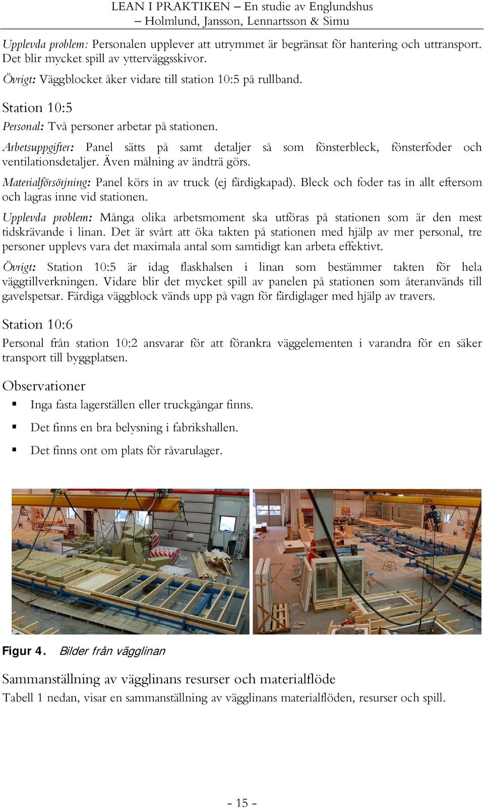 Materialförsörjning: Panel körs in av truck (ej färdigkapad). Bleck och foder tas in allt eftersom och lagras inne vid stationen.