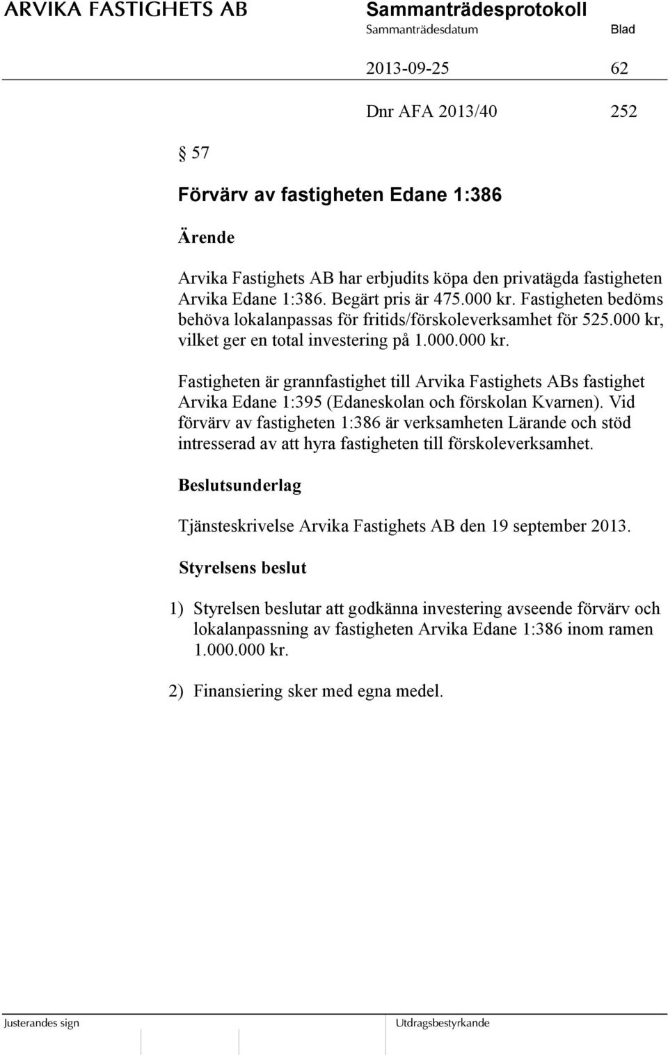 vilket ger en total investering på 1.000.000 kr. Fastigheten är grannfastighet till Arvika Fastighets ABs fastighet Arvika Edane 1:395 (Edaneskolan och förskolan Kvarnen).