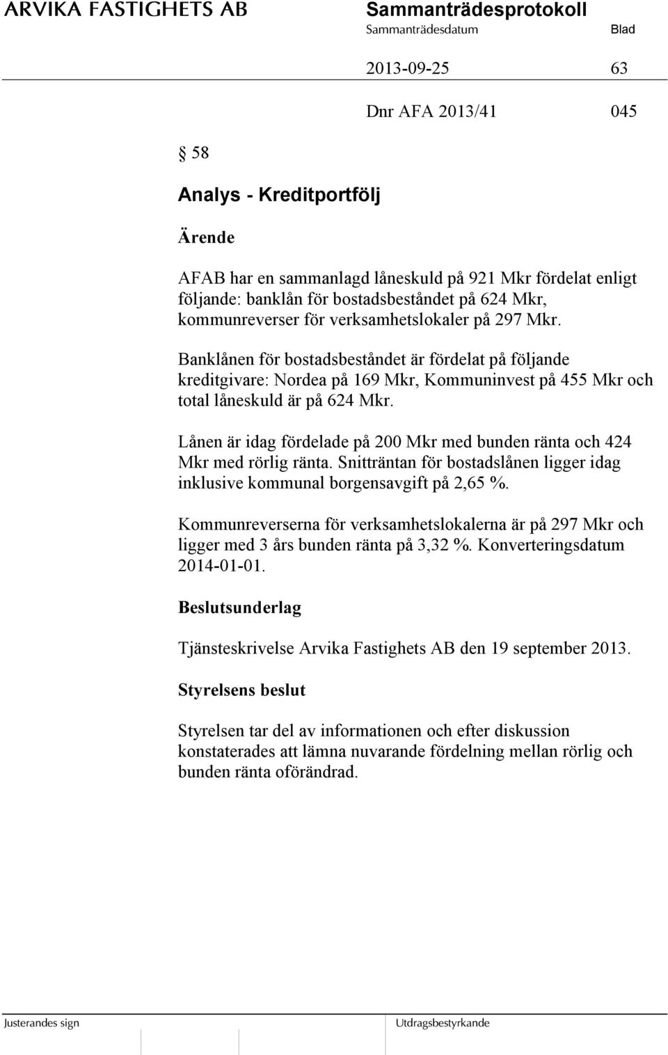 Lånen är idag fördelade på 200 Mkr med bunden ränta och 424 Mkr med rörlig ränta. Snitträntan för bostadslånen ligger idag inklusive kommunal borgensavgift på 2,65 %.