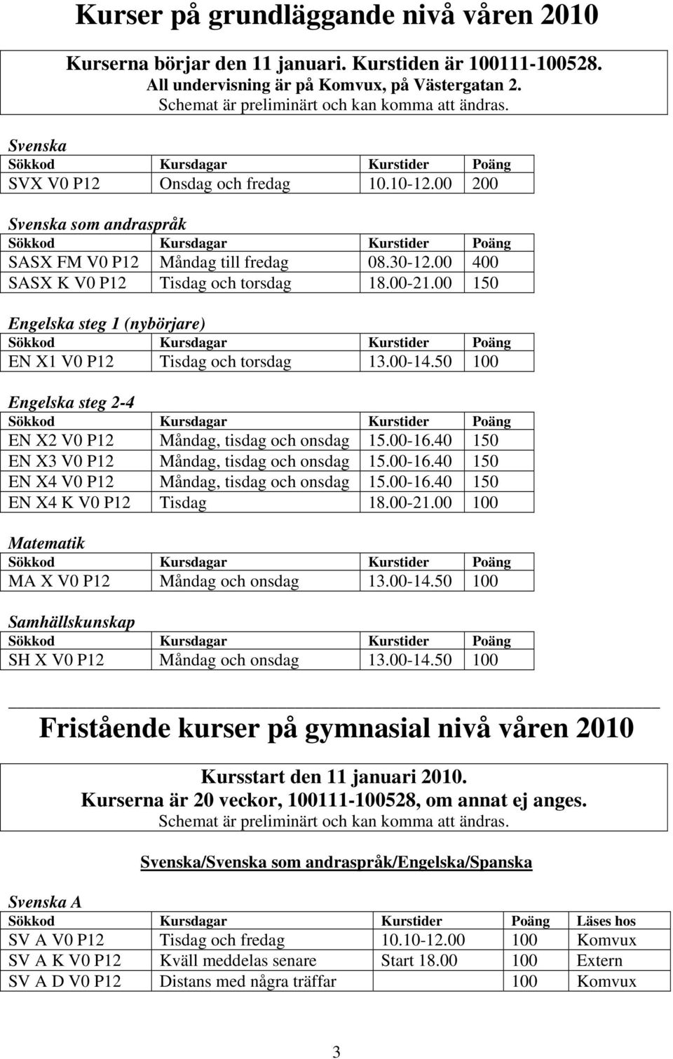 00 400 SASX K V0 P12 Tisdag och torsdag 18.00-21.00 150 Engelska steg 1 (nybörjare) Sökkod Kursdagar Kurstider Poäng EN X1 V0 P12 Tisdag och torsdag 13.00-14.