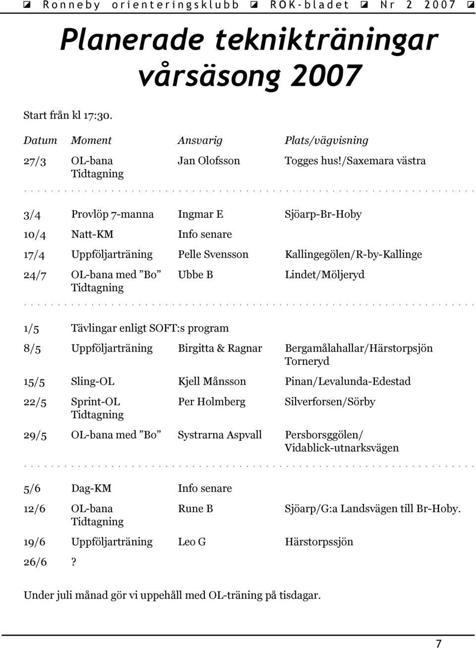 Lindet/Möljeryd Tidtagning 1/5 Tävlingar enligt SOFT:s program 8/5 Uppföljarträning Birgitta & Ragnar Bergamålahallar/Härstorpsjön Torneryd 15/5 Sling-OL Kjell Månsson Pinan/Levalunda-Edestad 22/5