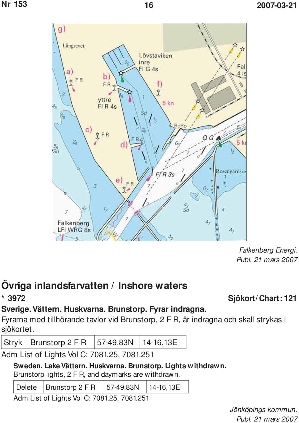 Stryk Brunstorp 2 F R 57-49,83N 14-16,13E Adm List of Lights Vol C: 7081.25, 7081.251 Sweden. Lake Vättern. Huskvarna. Brunstorp. Lights withdrawn.