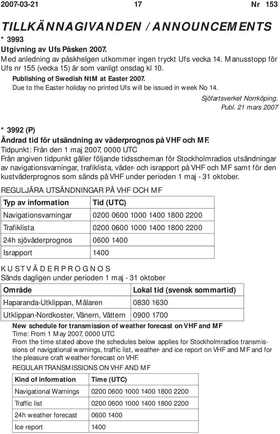 Sjöfartsverket Norrköping. * 3992 (P) Ändrad tid för utsändning av väderprognos på VHF och MF.