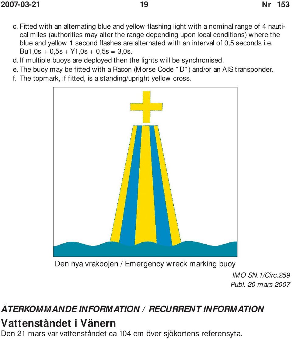 yellow 1 second flashes are alternated with an interval of 0,5 seconds i.e. Bu1,0s + 0,5s + Y1,0s + 0,5s = 3,0s. d. If multiple buoys are deployed then the lights will be synchronised. e.