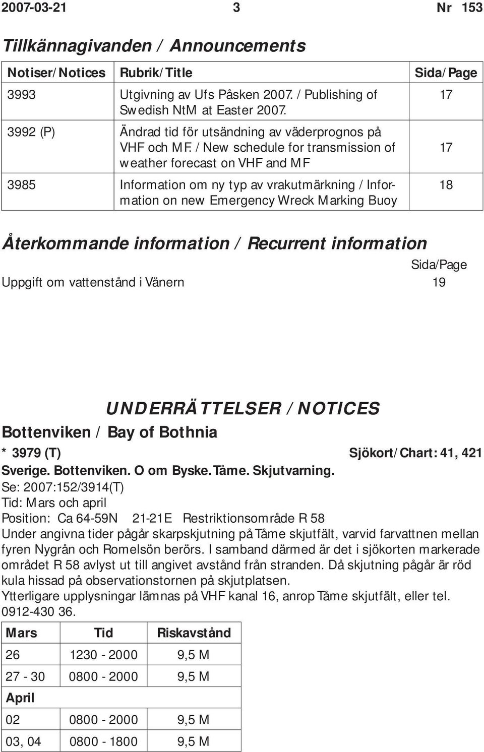 / New schedule for transmission of weather forecast on VHF and MF 3985 Information om ny typ av vrakutmärkning / Information on new Emergency Wreck Marking Buoy 17 17 18 Återkommande information /