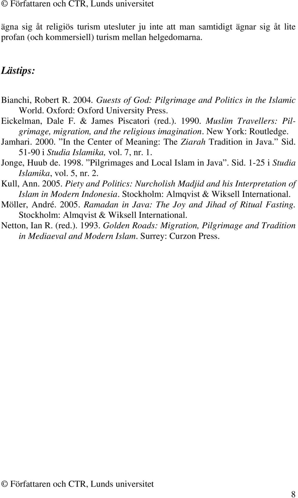 Muslim Travellers: Pilgrimage, migration, and the religious imagination. New York: Routledge. Jamhari. 2000. In the Center of Meaning: The Ziarah Tradition in Java. Sid. 51-90 i Studia Islamika, vol.