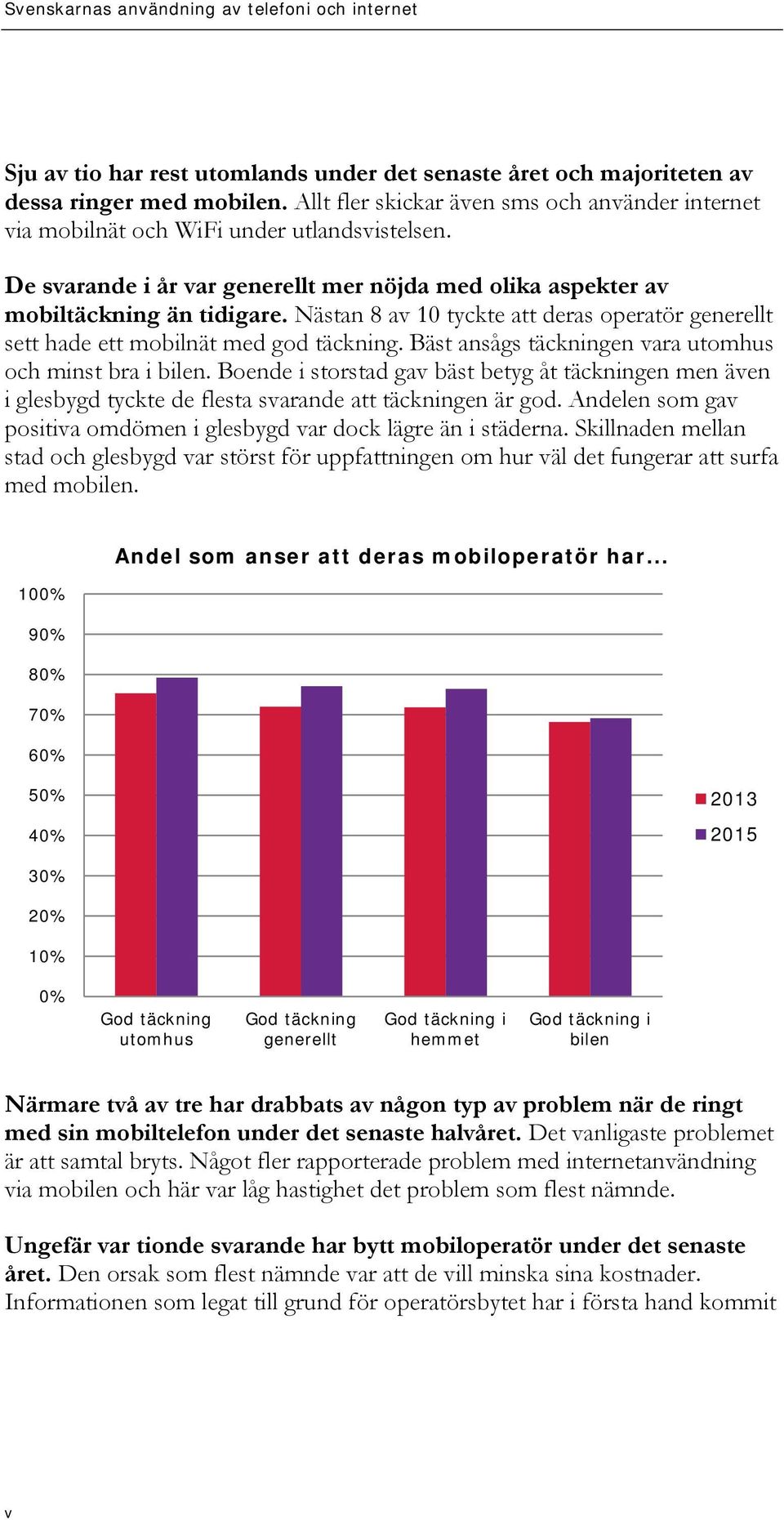 Nästan 8 av 10 tyckte att deras operatör generellt sett hade ett mobilnät med god täckning. Bäst ansågs täckningen vara utomhus och minst bra i bilen.