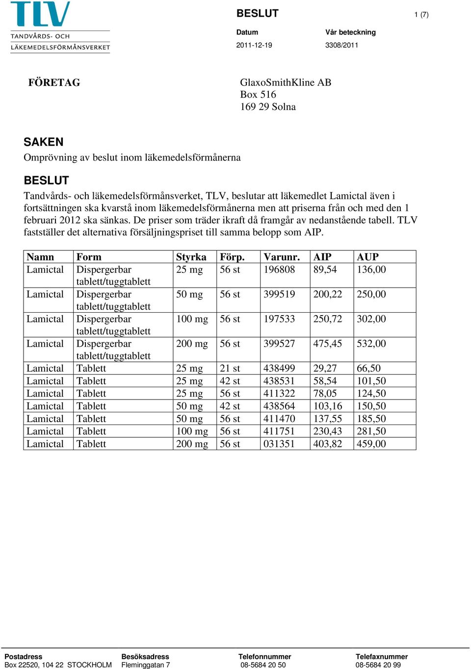 De priser som träder ikraft då framgår av nedanstående tabell. TLV fastställer det alternativa försäljningspriset till samma belopp som AIP. Namn Form Styrka Förp. Varunr.