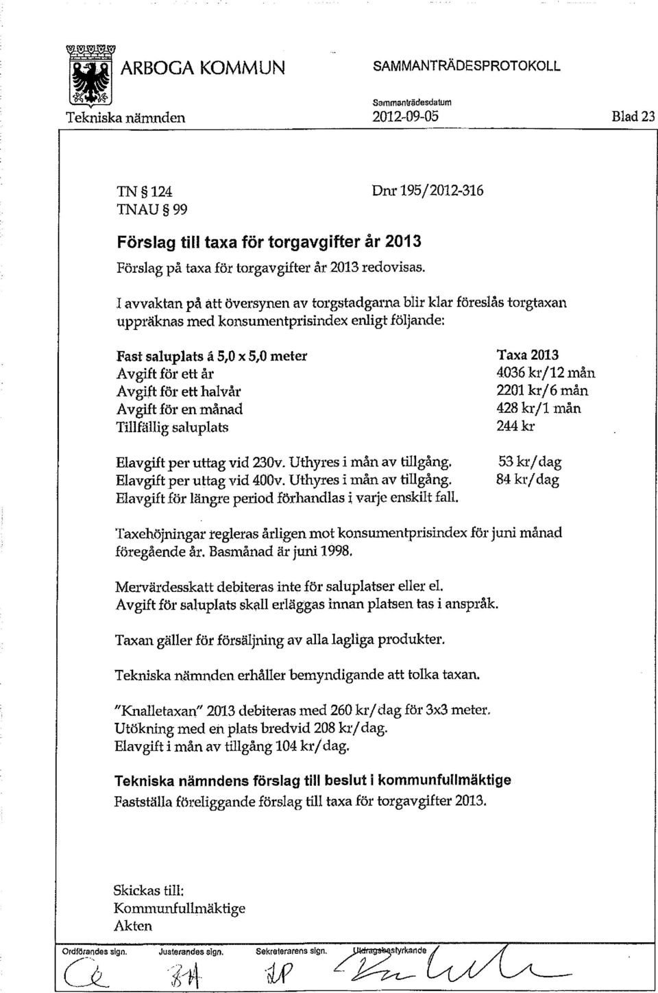 I avvaktan på att översynen av torgstadgarna blir klar föreslås torgtaxan uppräknas med konsumentprisindex enligt följande: Fast saluplats å 5,0 x 5,0 meter Avgift för ett år Avgift för ett halvår