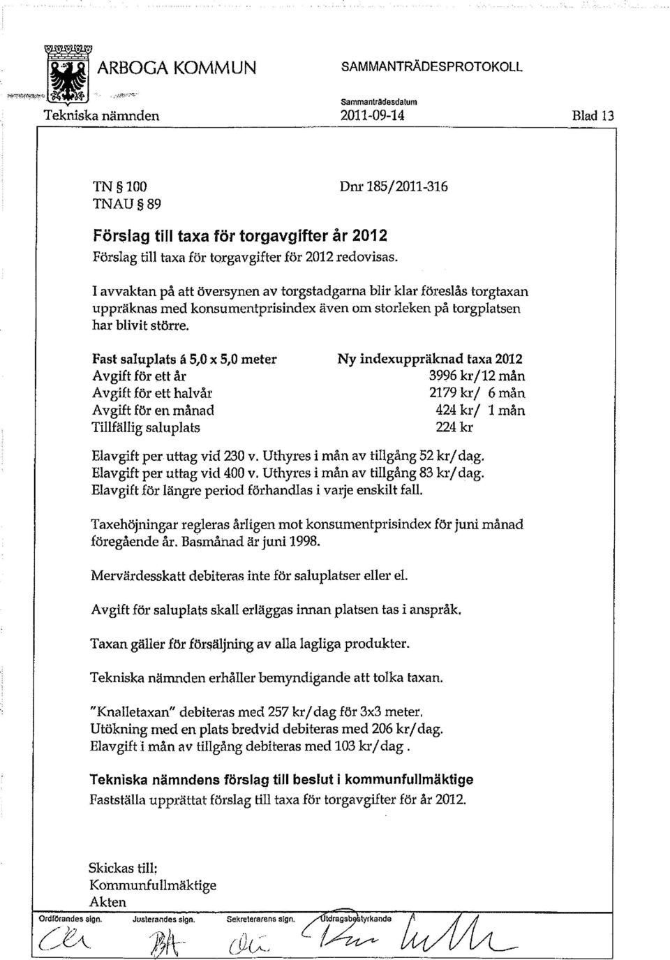 Fast saluplats å 5,0 x 5,0 meter Ny indexuppräknad taxa 2012 Avgift för ett år 3996 kr/12 mån Avgift för ett halvår 2179 kr/ 6 mån Avgift för en månad 424 kr/ 1 mån Tillfällig saluplats 224 kr