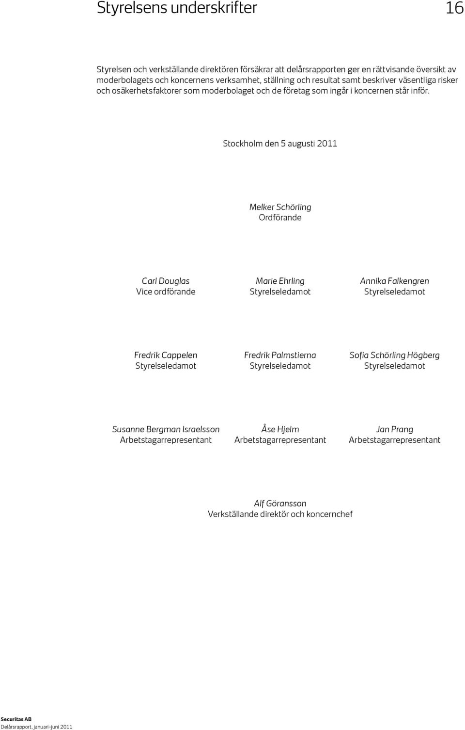 Stockholm den 5 augusti 2011 Melker Schörling Ordförande Carl Douglas Vice ordförande Marie Ehrling Styrelseledamot Annika Falkengren Styrelseledamot Fredrik Cappelen Styrelseledamot