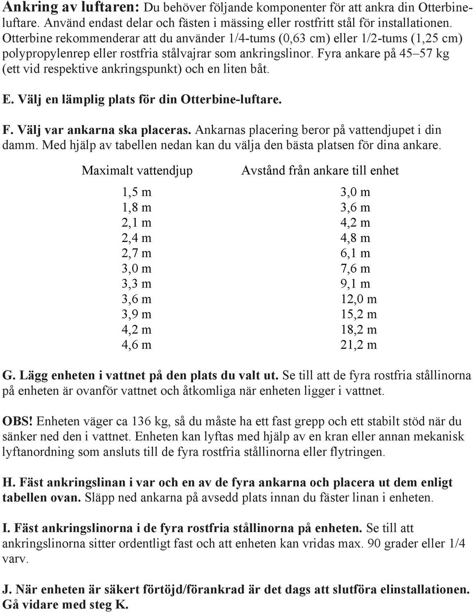 Fyra ankare på 45 57 kg (ett vid respektive ankringspunkt) och en liten båt. E. Välj en lämplig plats för din Otterbine-luftare. F. Välj var ankarna ska placeras.