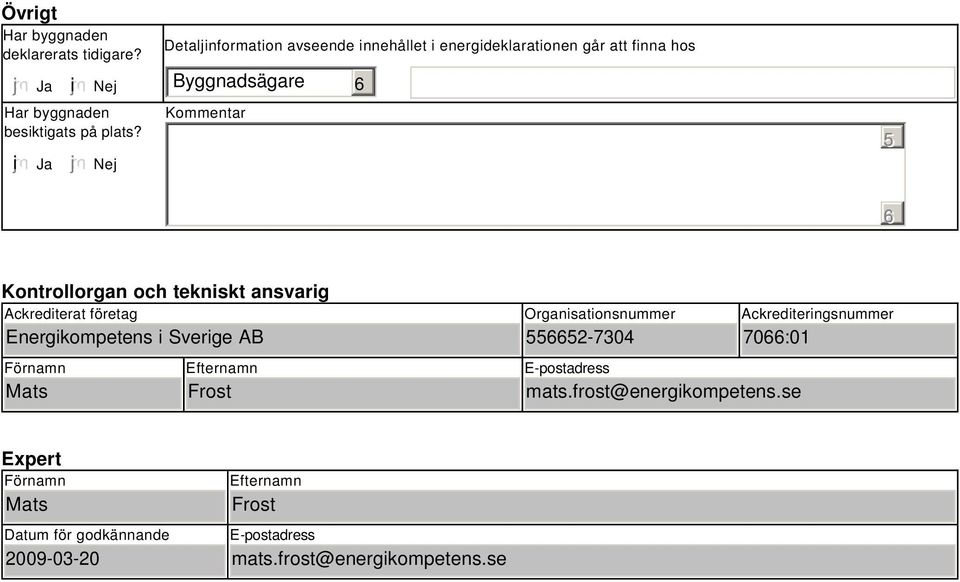 tekniskt ansvarig Ackrediterat företag Energikompetens i Sverige AB Förnamn Mats Efternamn Frost Organisationsnummer 2-734