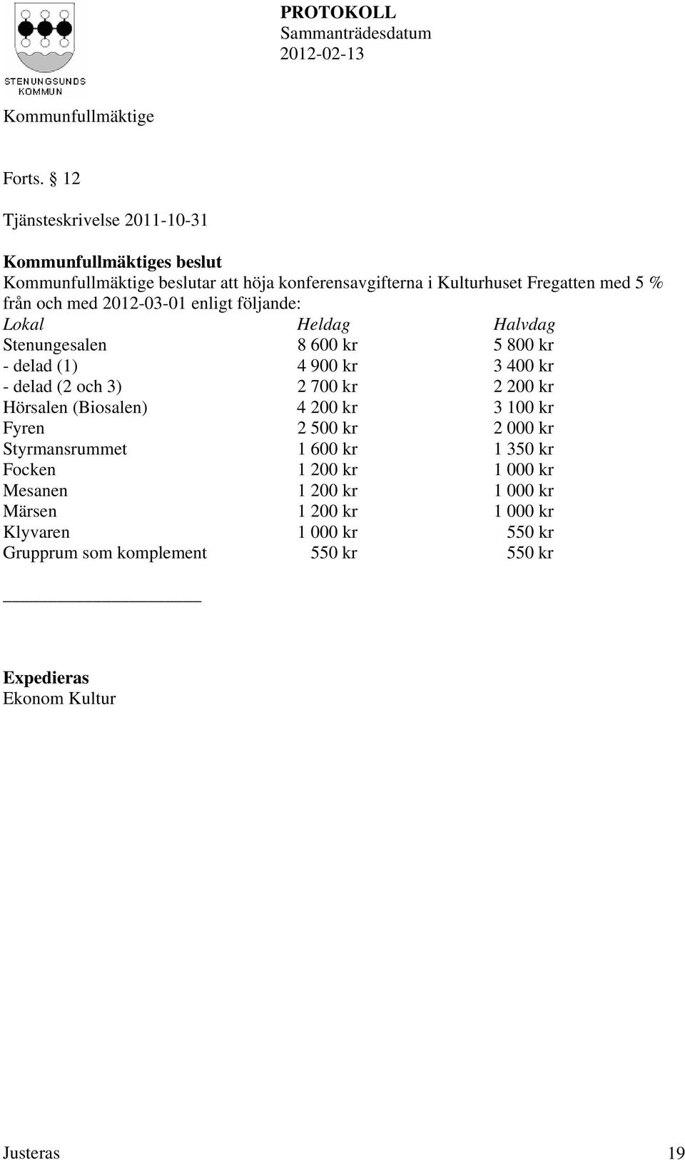 enligt följande: Lokal Heldag Halvdag Stenungesalen 8 600 kr 5 800 kr - delad (1) 4 900 kr 3 400 kr - delad (2 och 3) 2 700 kr 2 200