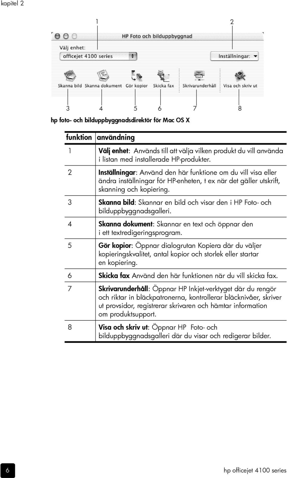 3 Skanna bild: Skannar en bild och visar den i HP Foto- och bilduppbyggnadsgalleri. 4 Skanna dokument: Skannar en text och öppnar den i ett textredigeringsprogram.