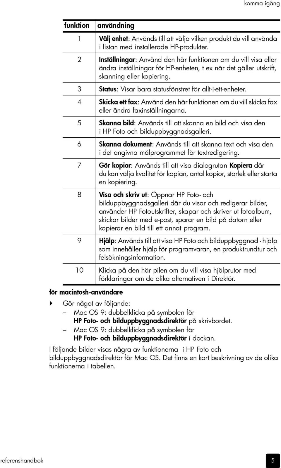 3 Status: Visar bara statusfönstret för allt-i-ett-enheter. 4 Skicka ett fax: Använd den här funktionen om du vill skicka fax eller ändra faxinställningarna.