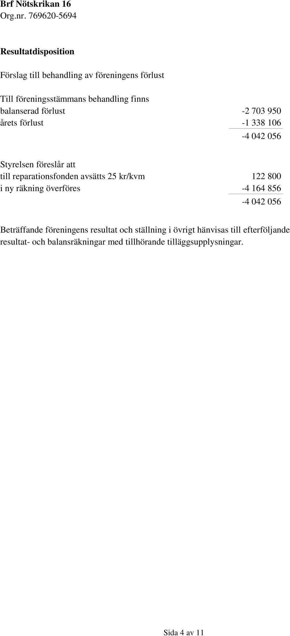 avsätts 25 kr/kvm 122 800 i ny räkning överföres -4 164 856-4 042 056 Beträffande föreningens resultat och