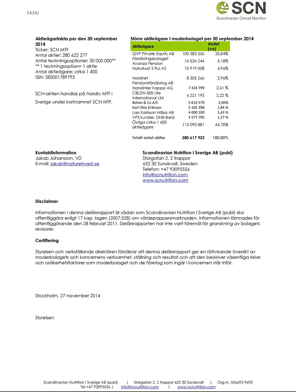 Större aktieägare i moderbolaget per 30 september 2014 Aktieägare Andel (ca) QVP Private Equity AB 100 583 556 35,84% Försäkringsbolaget Avanza Pension 14 524 244 5,18% Naturkost S Rui AS 13 919 008