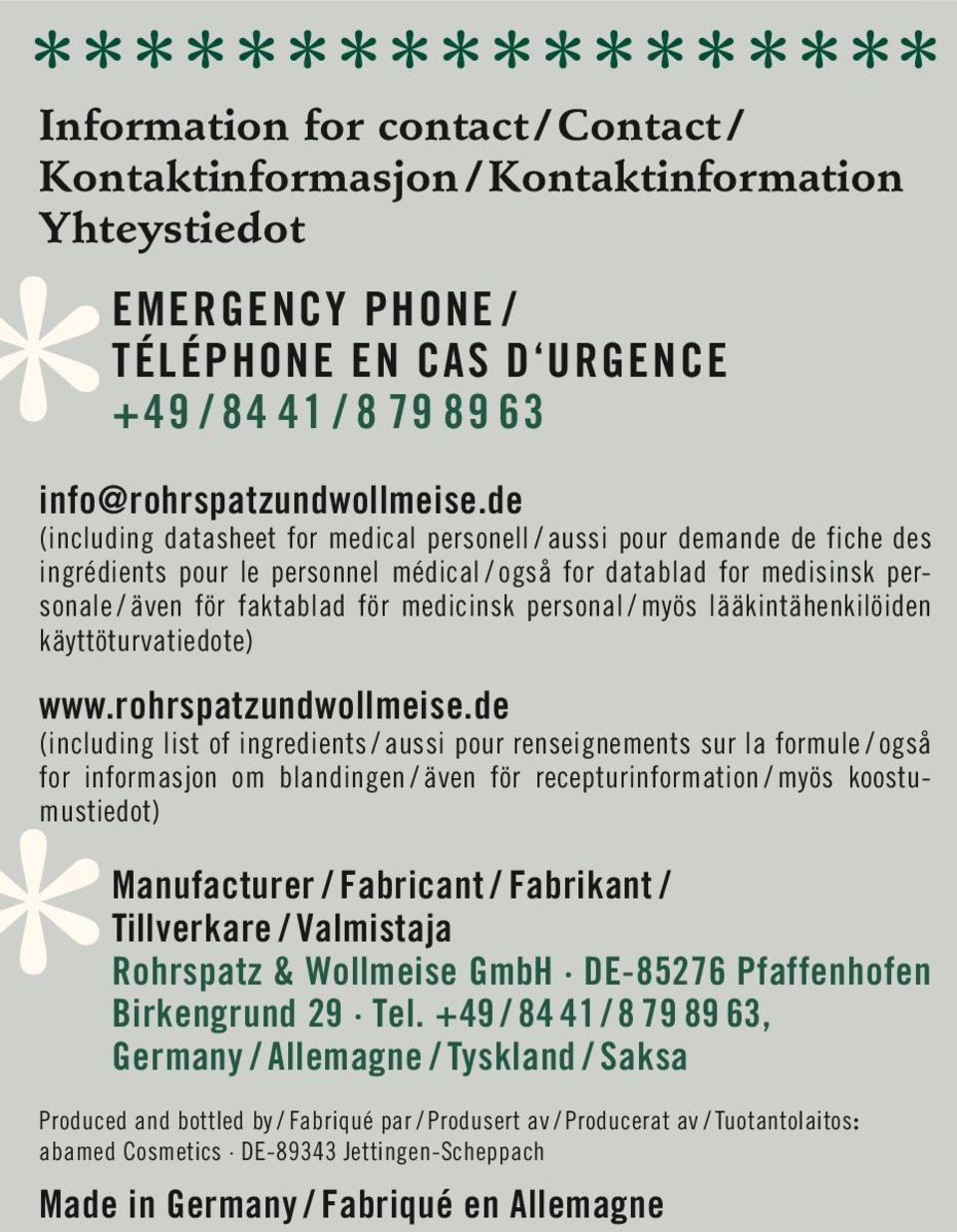 personal / myös lääkintähenkilöiden käyttöturvatiedote) www.rohrspatzundwollmeise.