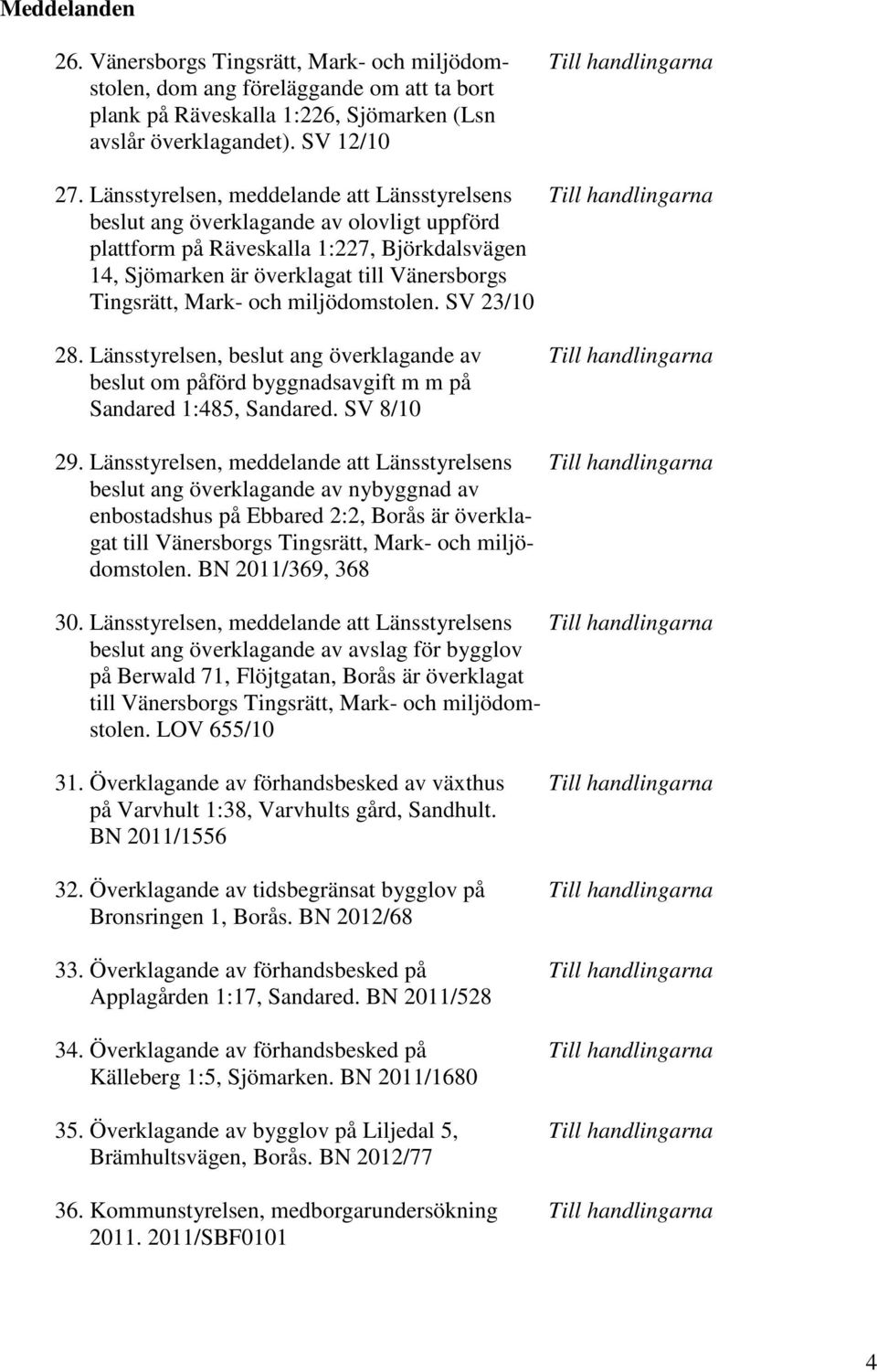 Tingsrätt, Mark- och miljödomstolen. SV 23/10 28. Länsstyrelsen, beslut ang överklagande av Till handlingarna beslut om påförd byggnadsavgift m m på Sandared 1:485, Sandared. SV 8/10 29.