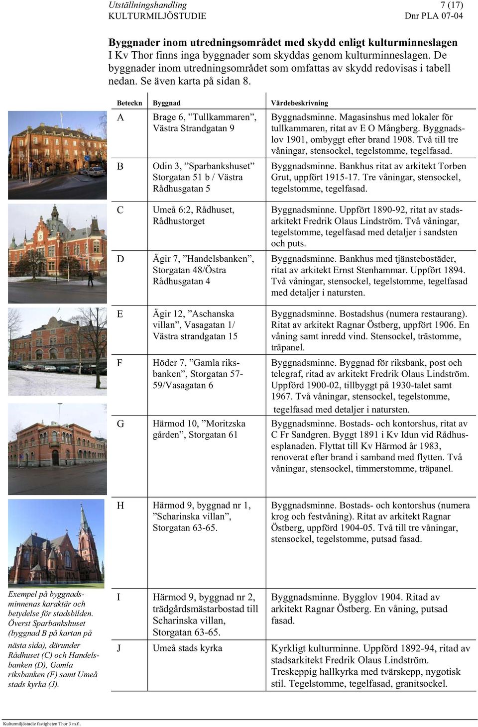 Beteckn Byggnad Värdebeskrivning A B Brage 6, Tullkammaren, Västra Strandgatan 9 Odin 3, Sparbankshuset Storgatan 51 b / Västra Rådhusgatan 5 Byggnadsminne.