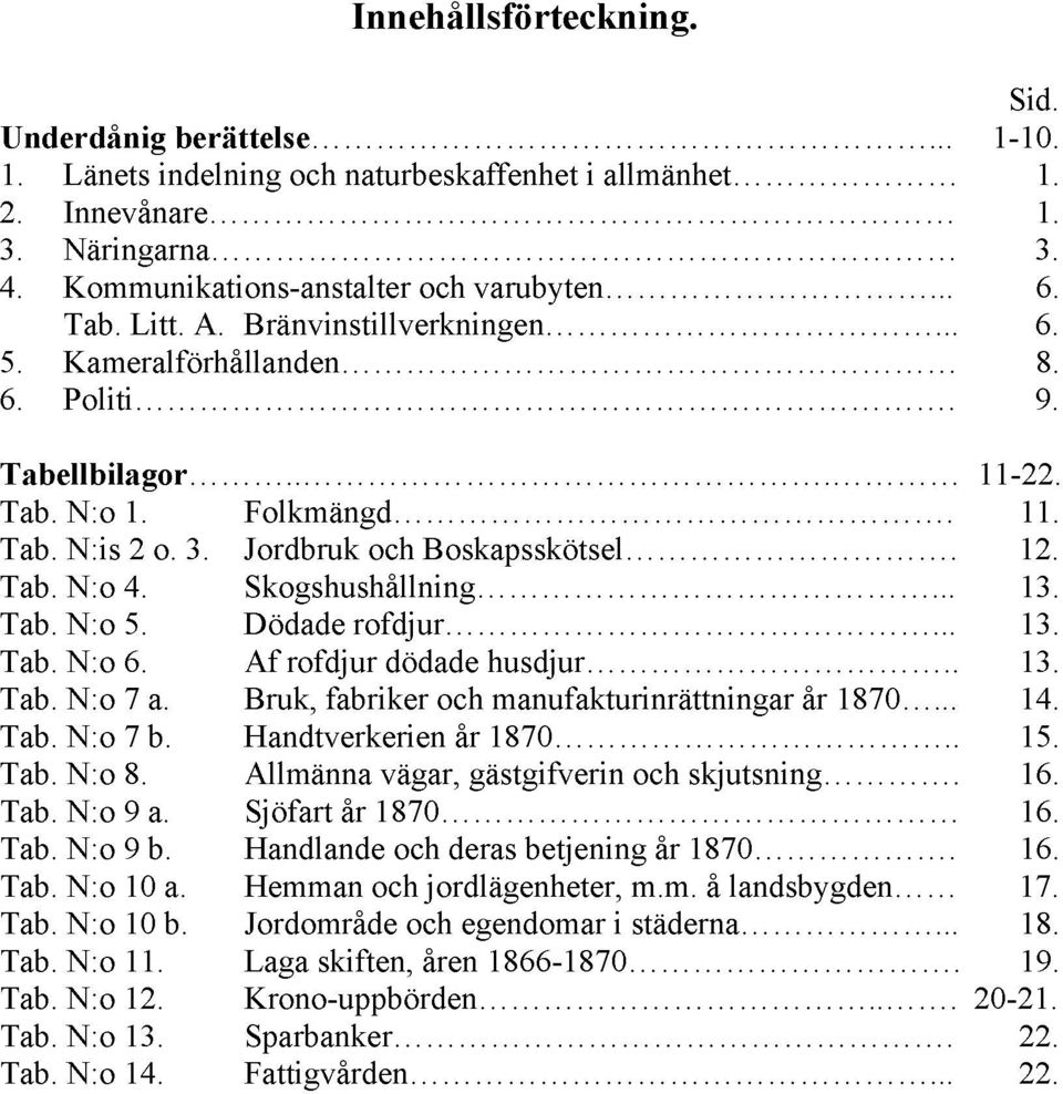 Skogshushållning... 13. Tab. N:o 5. Dödade rofdjur... 13. Tab. N:o 6. Af rofdjur dödade husdjur.. 13. Tab. N:o 7 a. Bruk, fabriker och manufakturinrättningar år 1870... 14. Tab. N:o 7 b.