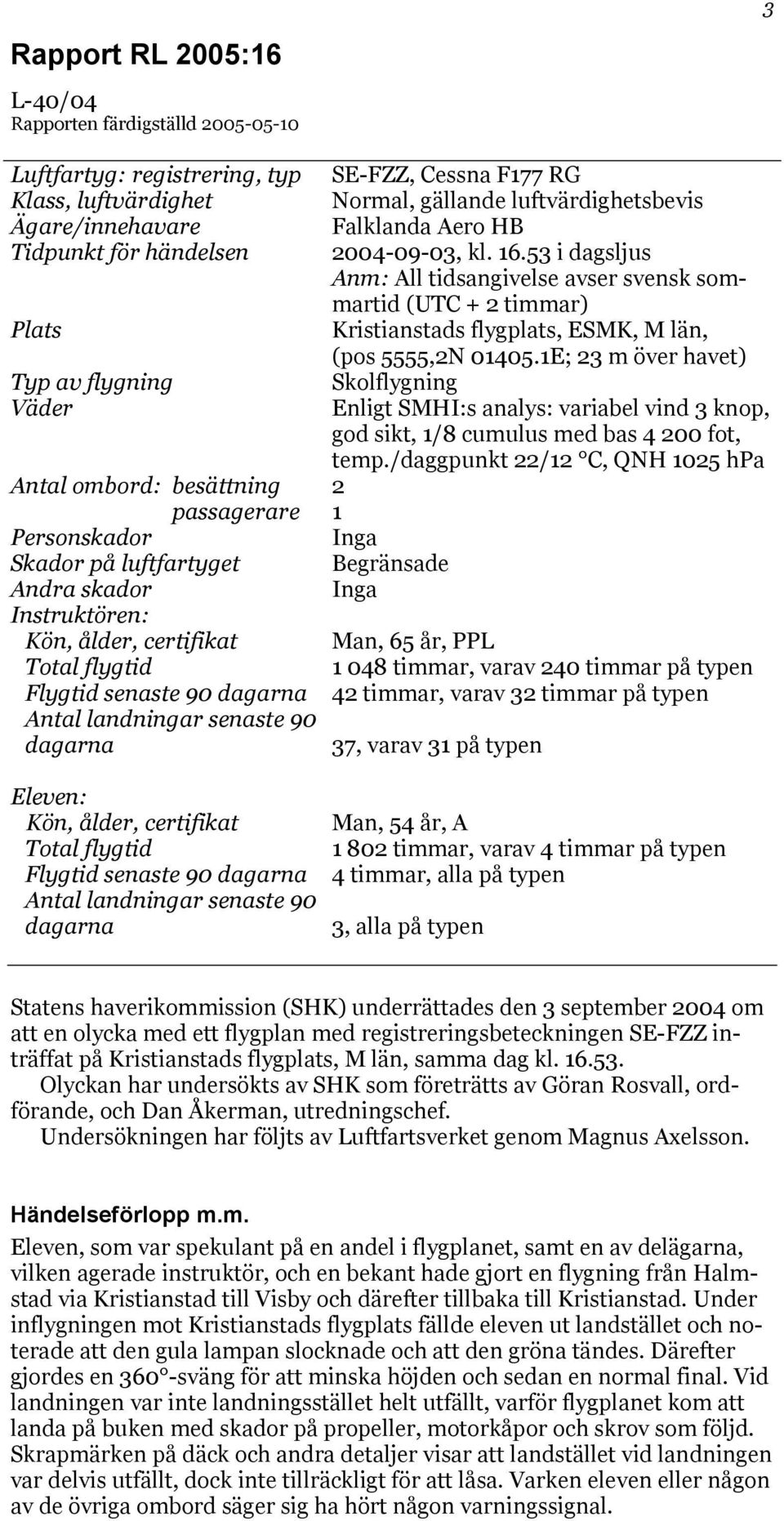 flygtid Flygtid senaste 90 dagarna Antal landningar senaste 90 dagarna SE-FZZ, Cessna F177 RG Normal, gällande luftvärdighetsbevis Falklanda Aero HB 2004-09-03, kl. 16.