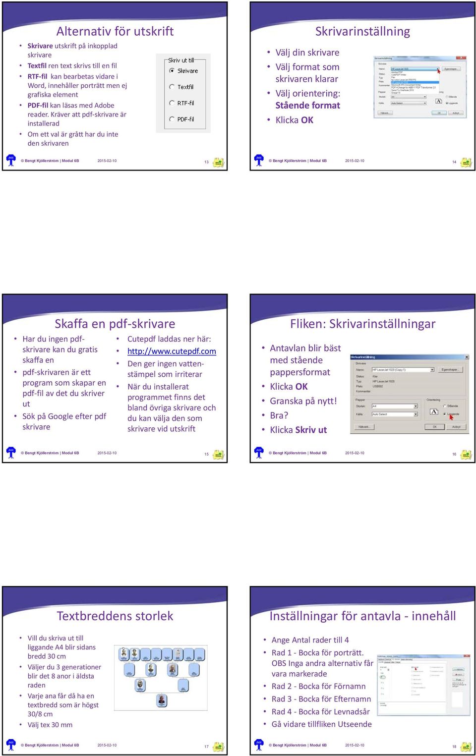 Kräver att pdf skrivare är installerad Om ett val är grått har du inte den skrivaren Välj din skrivare Välj format som skrivaren klarar Välj orientering: Stående format Klicka OK Skrivarinställning