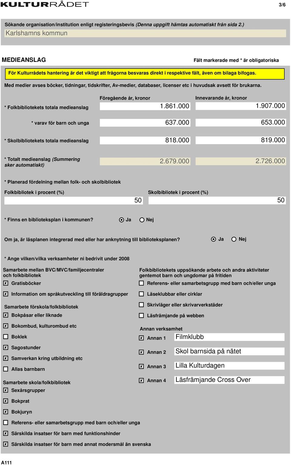 000 Innevarande år, kronor 1.907.000 * varav för barn och unga * Skolbibliotekets totala medieanslag 637.000 818.000 653.000 819.000 * Totalt medieanslag (Summering sker automatiskt) 2.679.000 2.726.