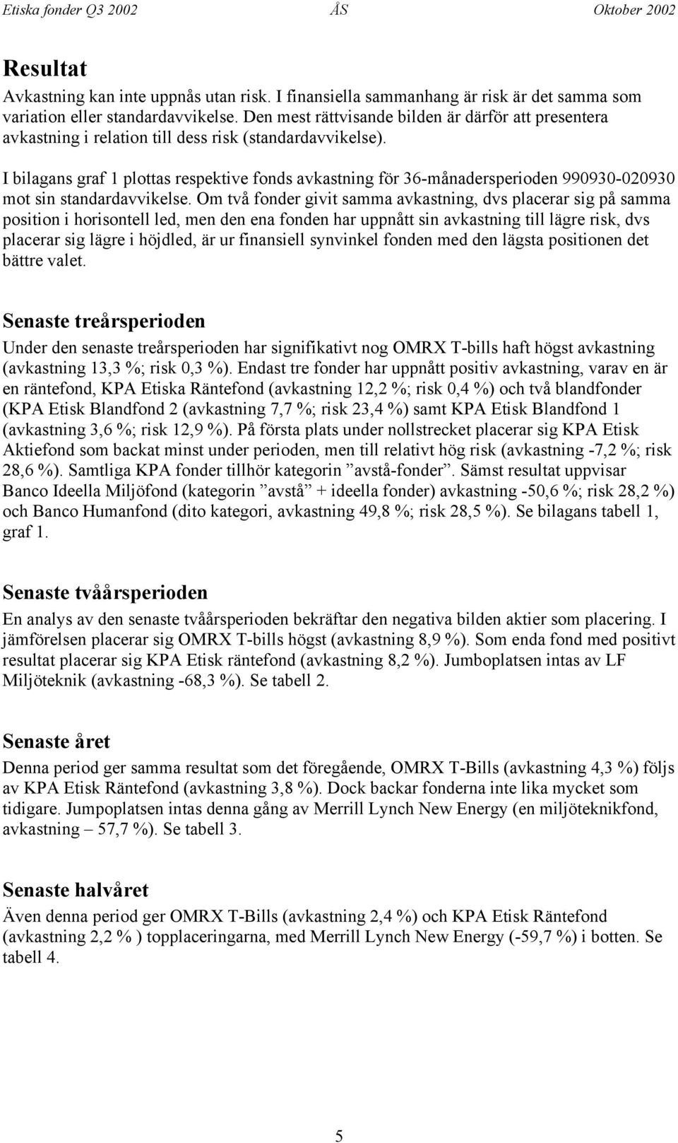 I bilagans graf 1 plottas respektive fonds avkastning för 36-månadersperioden 990930-020930 mot sin standardavvikelse.