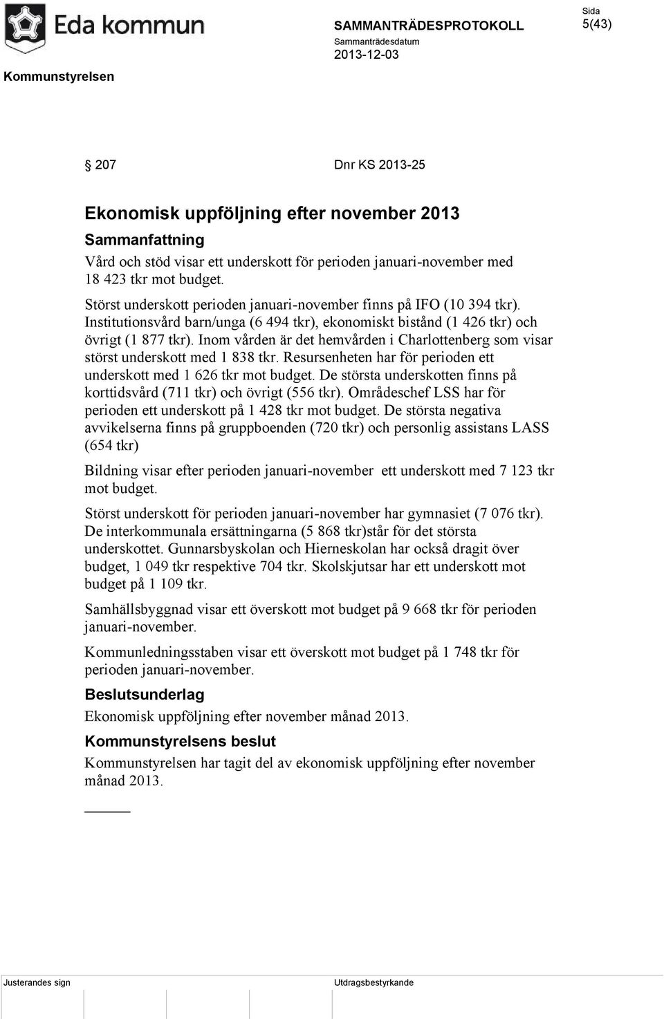 Inom vården är det hemvården i Charlottenberg som visar störst underskott med 1 838 tkr. Resursenheten har för perioden ett underskott med 1 626 tkr mot budget.