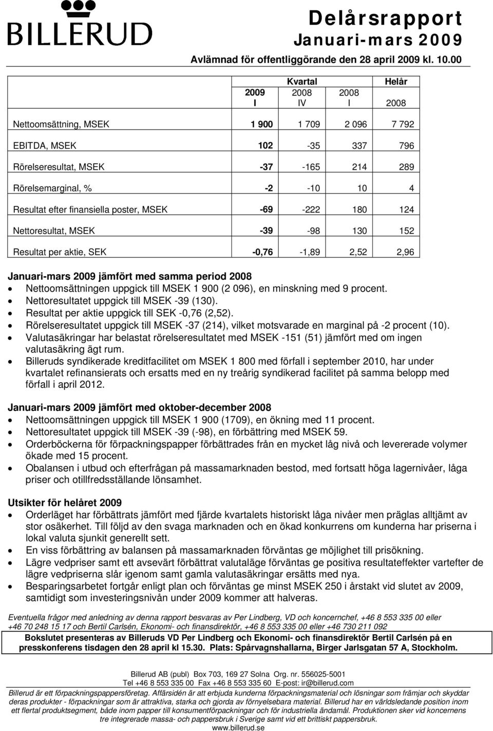 poster, MSEK -69-222 180 124 Nettoresultat, MSEK -39-98 130 152 Resultat per aktie, SEK -0,76-1,89 2,52 2,96 Januari-mars jämfört med samma period Nettoomsättningen uppgick till MSEK 1 900 (2 096),