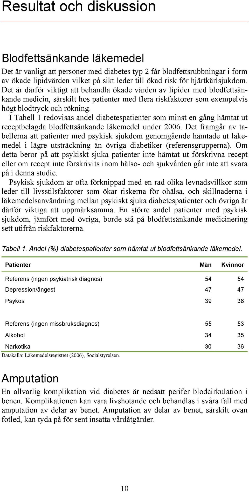 I Tabell 1 redovisas andel diabetespatienter som minst en gång hämtat ut receptbelagda blodfettsänkande läkemedel under 2006.