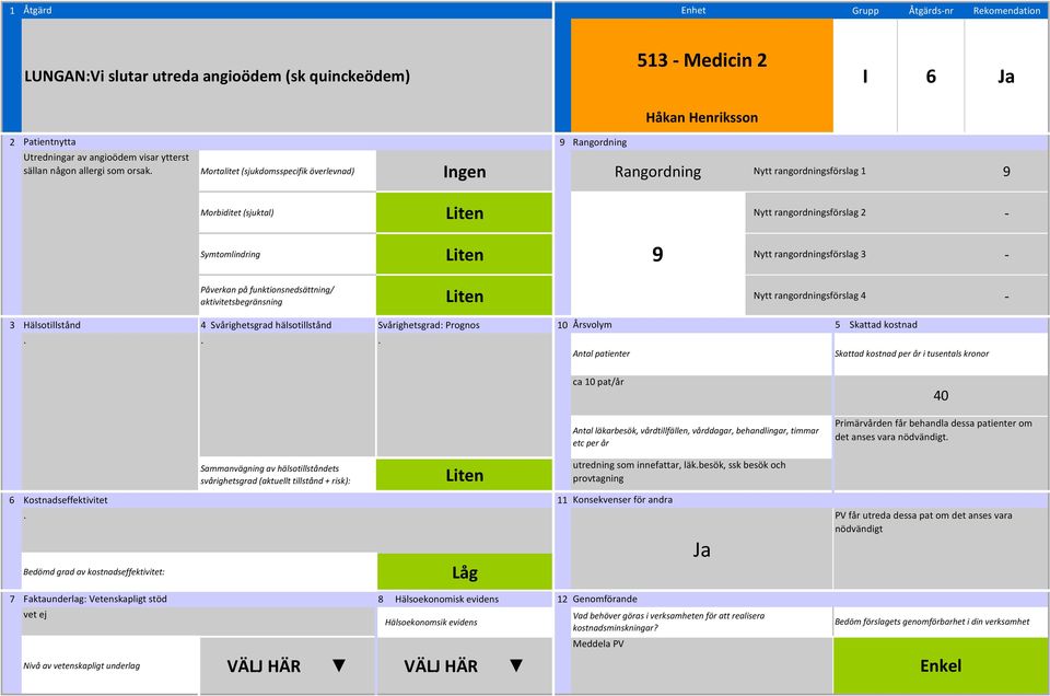 vetenskapligt underlag ca 10 pat/år utredning som innefattar, läkbesök, ssk besök och provtagning Meddela PV 40