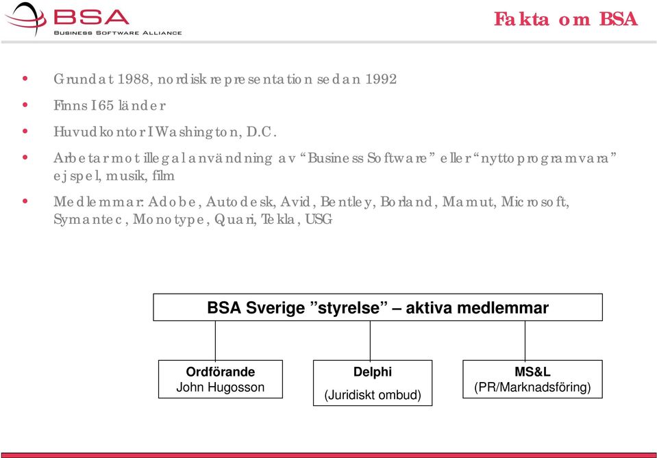 Medlemmar: Adobe, Autodesk, Avid, Bentley, Borland, Mamut, Microsoft, Symantec, Monotype, Quari, Tekla,