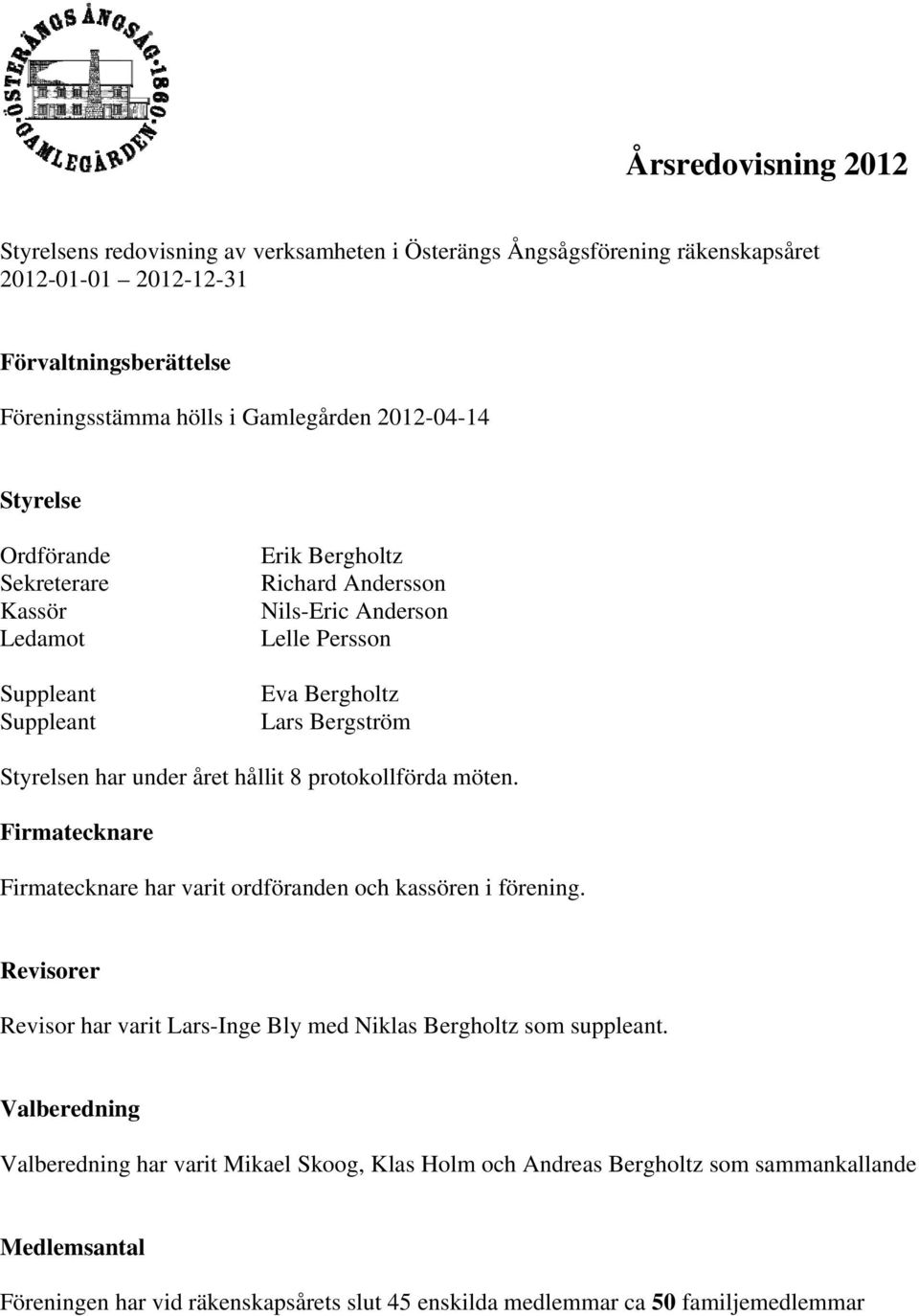 under året hållit 8 protokollförda möten. Firmatecknare Firmatecknare har varit ordföranden och kassören i förening.