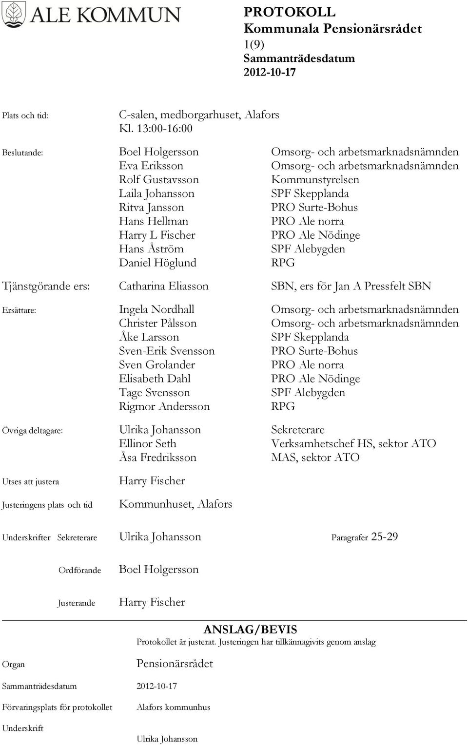 PRO Surte-Bohus Hans Hellman PRO Ale norra Harry L Fischer PRO Ale Nödinge Hans Åström SPF Alebygden Daniel Höglund RPG Tjänstgörande ers: Catharina Eliasson SBN, ers för Jan A Pressfelt SBN