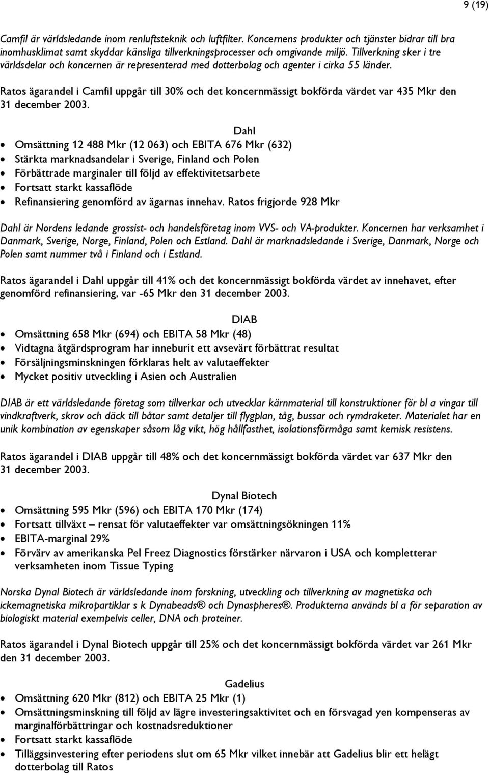 Ratos ägarandel i Camfil uppgår till 30% och det koncernmässigt bokförda värdet var 435 Mkr den 31 december 2003.