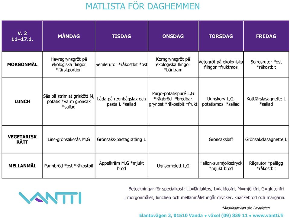 griskött M, potatis *varm grönsak Låda på regnbågslax och pasta L Purjo-potatispuré L,G *rågbröd *bredbar grynost