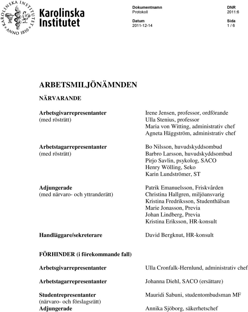 Pirjo Savlin, psykolog, SACO Henry Wölling, Seko Karin Lundströmer, ST Patrik Emanuelsson, Friskvården Christina Hallgren, miljöansvarig Kristina Fredriksson, Studenthälsan Marie Jonasson, Previa